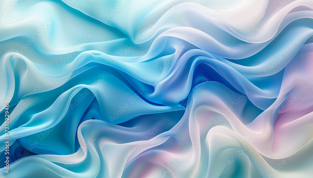 Obraz premium Silk fabric, light blue and bubblegum color, abstract background. Silk satin, curtain, drapery. Transparent shiny fabric. Soft and wavy folds. Light blue elegant luxury background, liquid wave