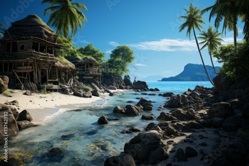 a tropical beach with palm trees and a house on the shore