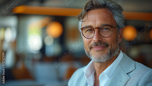 Smiling 45 years old banker, happy middle aged business man bank manager, mid adult professional businessman ceo executive in office, older mature entrepreneur wearing glasses, headshot portrait.