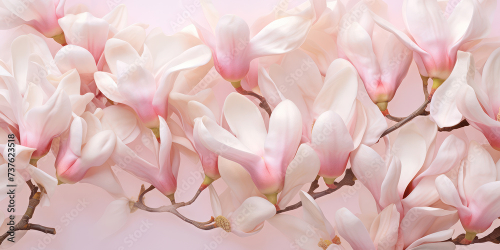 Delicate Blossoming Magnolia Tree Branch in a Spring Garden: A Floral Beauty on a Pink Background
