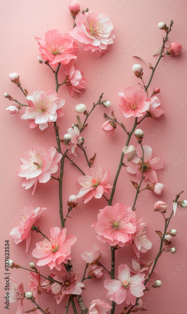 Soft pink spring flowers with a plain blurred pink background. 