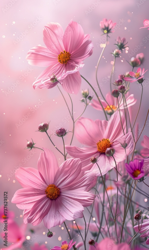 Soft pink spring flowers with a plain blurred pink background. 
