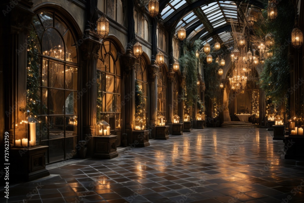 a long hallway in a building with lots of windows and candles