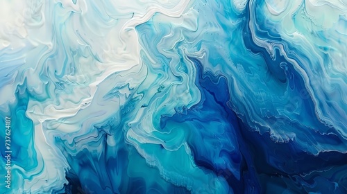 Abstract Blue and White Fluid Art Texture, Marble Waves Background, Acrylic Pouring Design