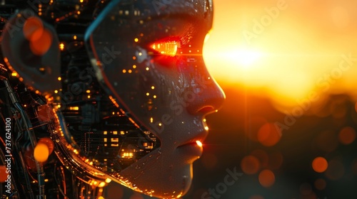 夕陽とアンドロイド女性,Generative AI AI画像