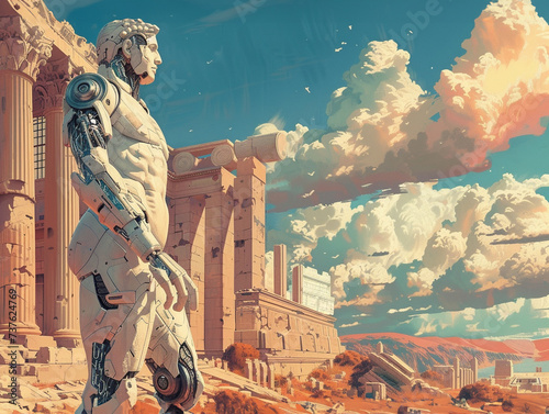 A detailed illustration of a statue with a cybernetic arm amid the ancient ruins