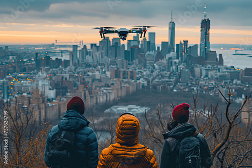 Grupo de amigos volando un dron en medio de la ciudad photo