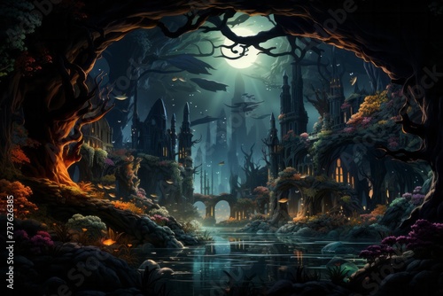 a painting of a dark forest with a river and castles in the background