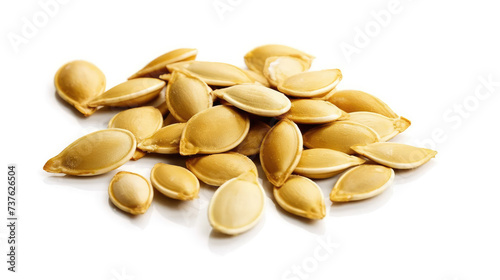 Pumpkin seeds pile on white background. Healthy food, healthy lifestyle