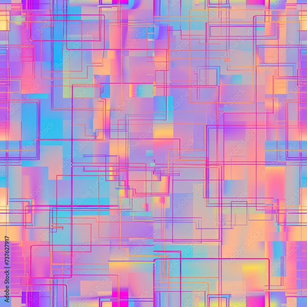 A pattern of lines and plaid shapes in holographic colors of bright pinks and blues. 