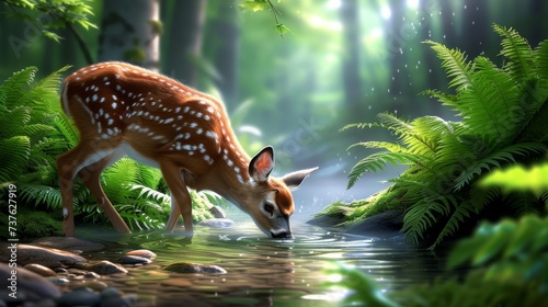 Fawn in a Magical Sunlit Forest Drinking from Stream © Ross
