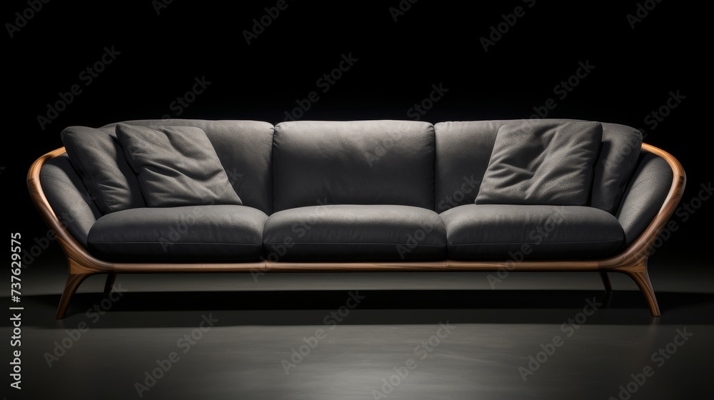 Fototapeta premium Black Couch With Wooden Frame and Pillows