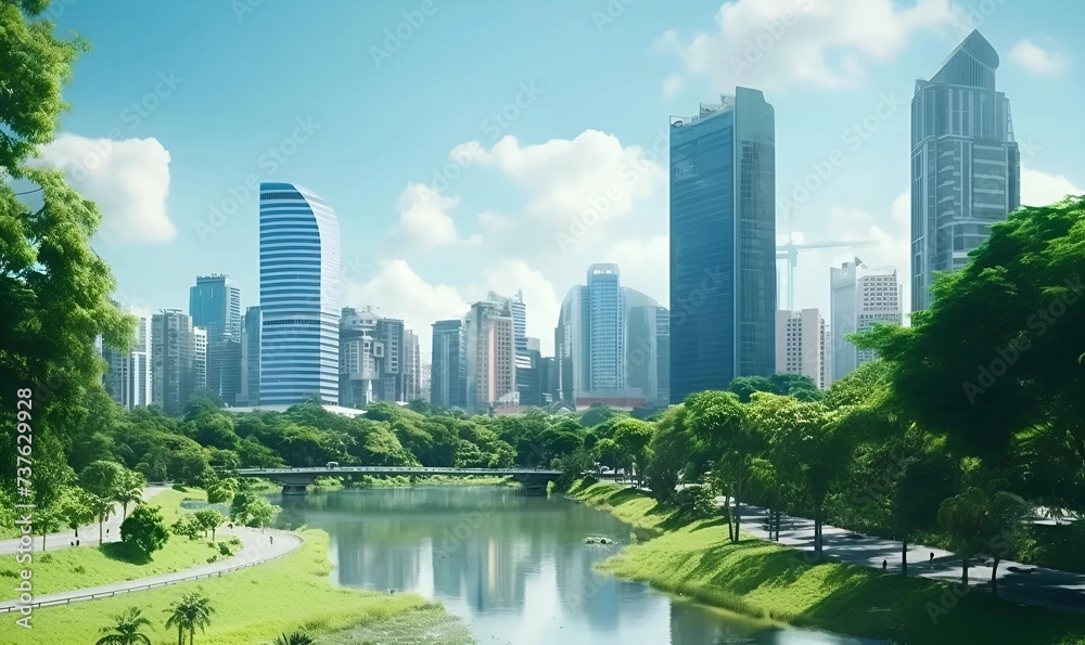 realistic Beautiful landscape of cityscape with city building around park