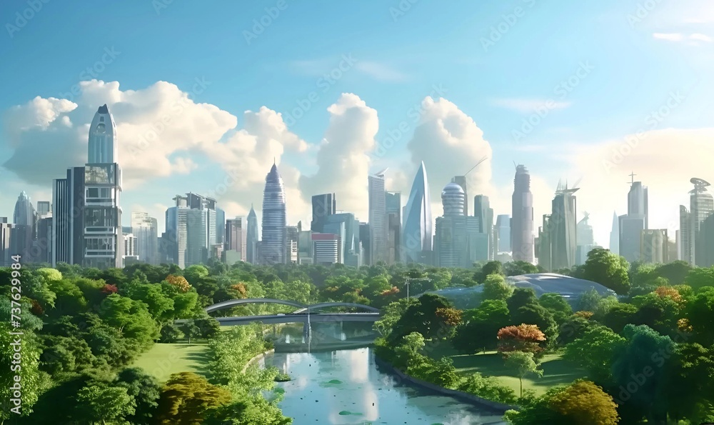 realistic Beautiful landscape of cityscape with city building around park