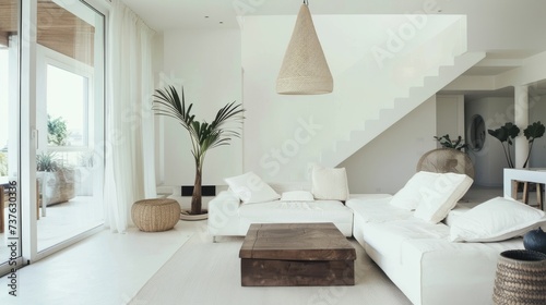 Minimalist Living Room with Airy White Decor AI Generated.
