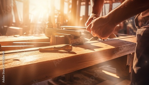 Professional carpenter at work. Close-up of hands and tools illuminated by sunlight