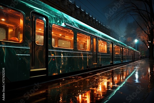 carriages of a modern train on a platform in a stadium at night.