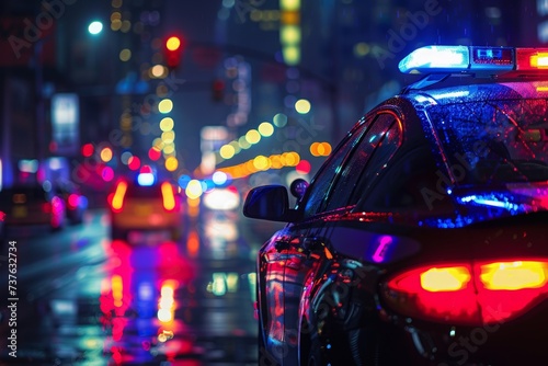 Police Car on the Street on a Rainy City Night. Concept for Crime or Law and Order.