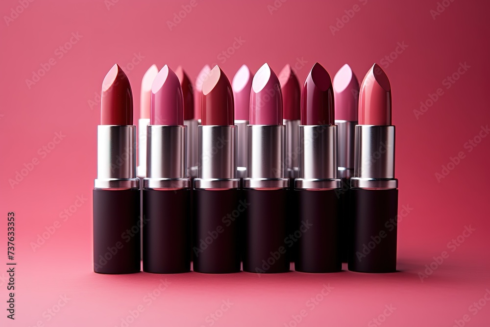 Fototapeta premium Very nice and quality lipsticks lined up on a pink background 