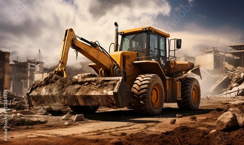 Heavy construction loader bulldozer at construction area photo
