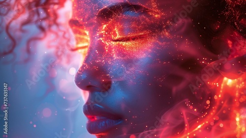 Girl with Closed Eyes Glowing with Dust Particles Meditation Raise Your Vibration Energy