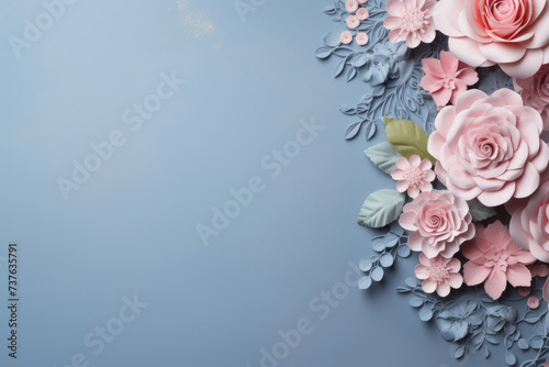 Floral paper cut composition in muted pastel colors, blue background, a lot of copy space, greeting card, Mother’s day, March 8 Women’s day, Birthday, Wedding invitation.