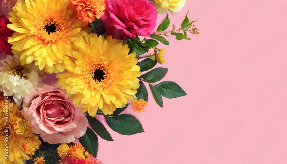 Floral banner, cover or header with vintage bouquets from corner. Yellow peony, gerbera, roses isolated on pink background.