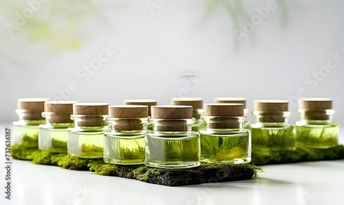 jars with serum and cream on white cube moss on light background space