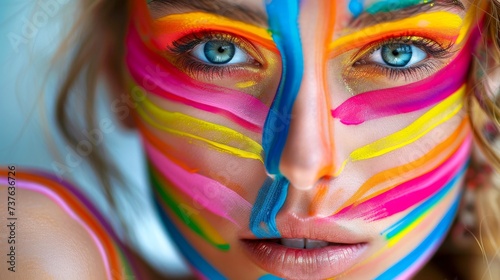Obraz na płótnie Close-up, Pretty face of a beautiful woman with multi colors vivid makeup on minimal background w salonie