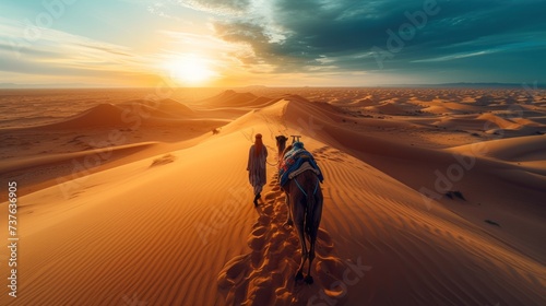 A traveller man alone with her camel in the desert photo