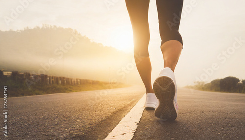 Close-up of a female runner s legs on the road at sunrise