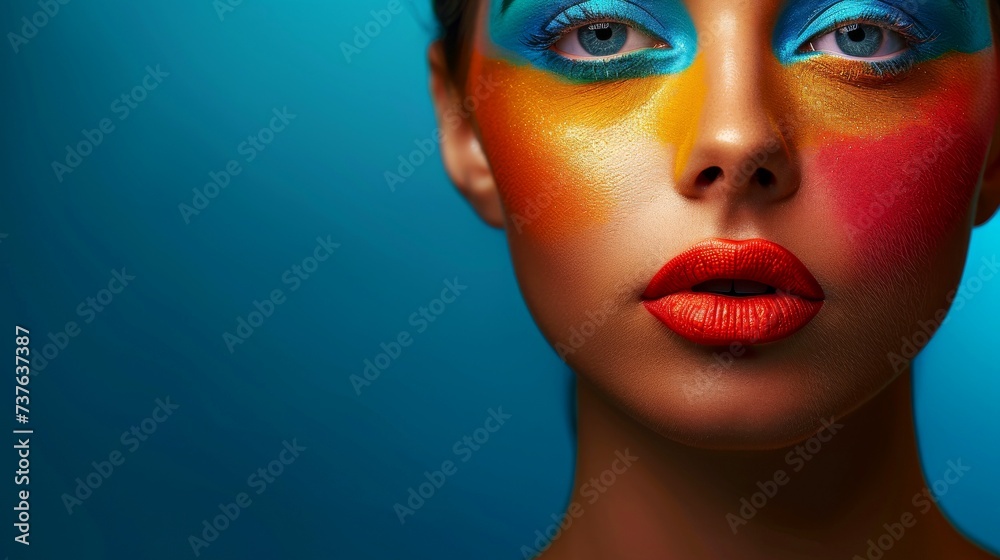 Close-up, Pretty face of a beautiful woman with multi colors vivid makeup on minimal background