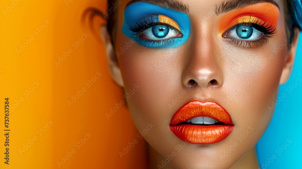 Close-up, Pretty face of a beautiful woman with multi colors vivid makeup on minimal background