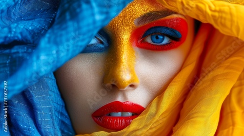 Close-up, Pretty face of a beautiful woman with multi colors vivid makeup on minimal background