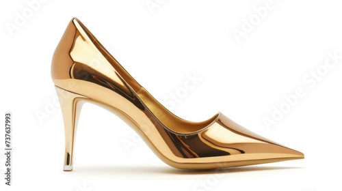 A spy stiletto heel in a metallic gold finish channeling the gl and decadent vibe of Art Deco interior decor. photo