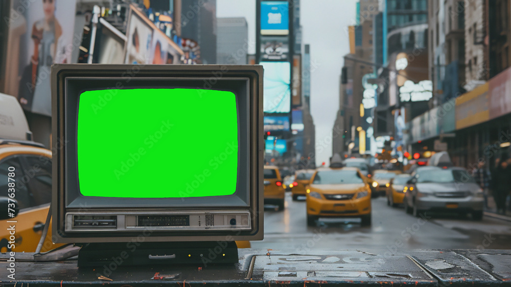 ancient TV on the side of the road with a green screen