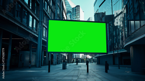 big screen tv with green screen in the center of a city