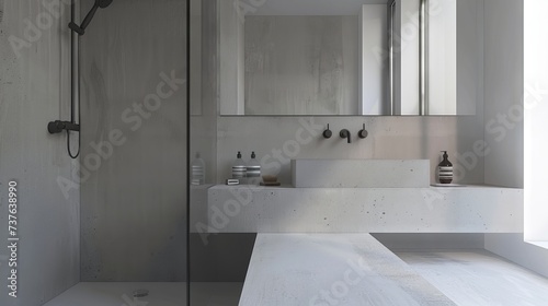 Contemporary Bathroom with Concrete Sink and Glass Shower Enclosure