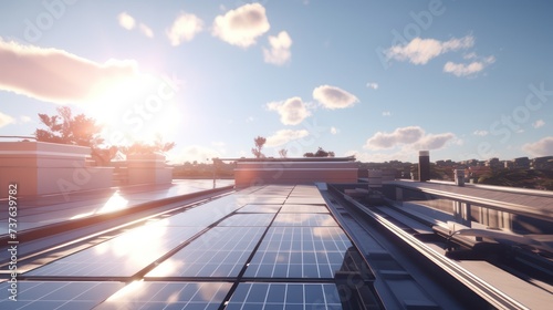 Solar panel cell on a rooftop building cityscape morning, Renewable environmentally friendly power plant. © Muamanah