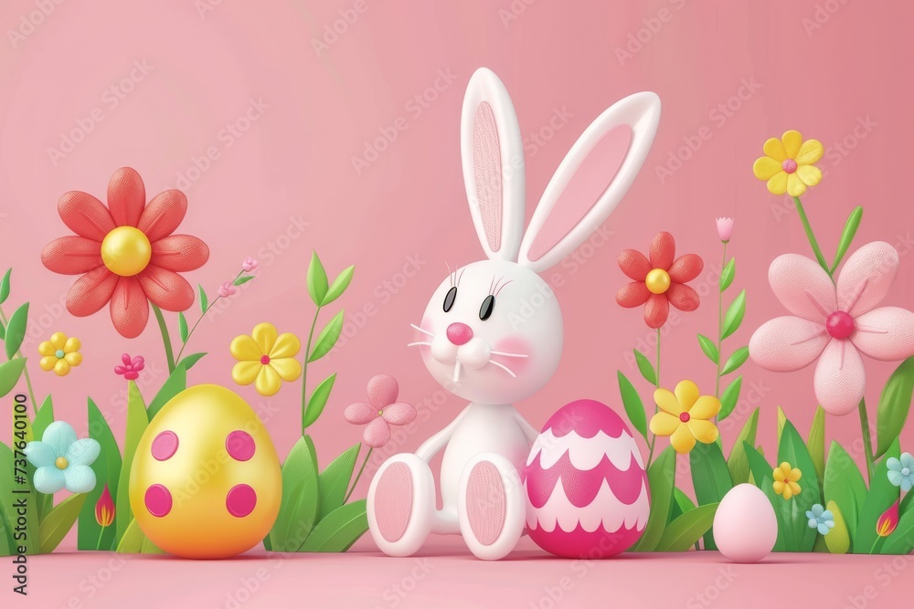 Obraz premium Happy Easter Eggs Basket Message field. Bunny in flower easter red cosmos decoration Garden. Cute hare 3d bunny dance easter rabbit spring illustration. Holy week Orchid card wallpaper plush pillow
