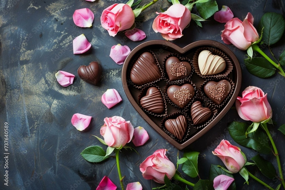 heart shaped chocolates and rose petals