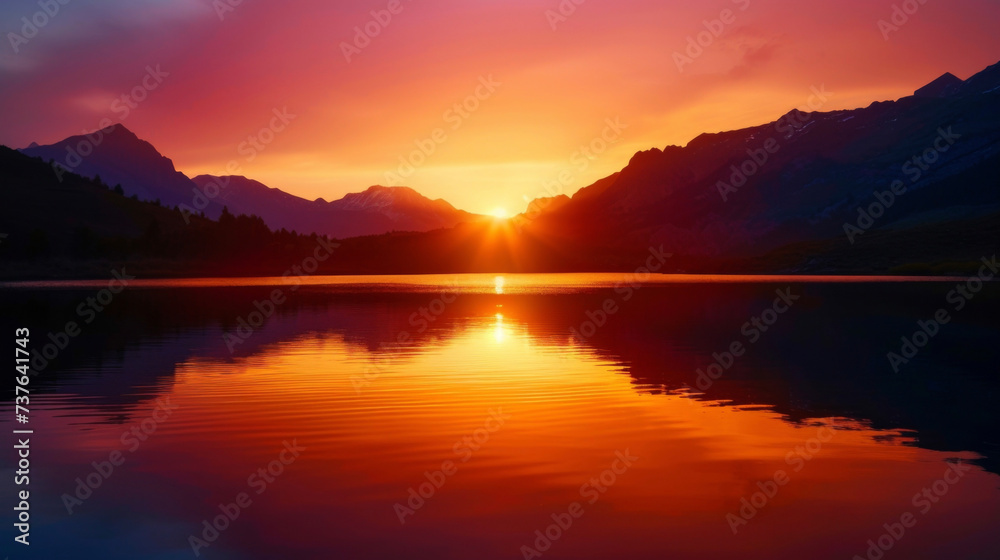 A serene lake mirrors the silhouette of a mountain range as the sun sets behind them in a blaze of vibrant colors.