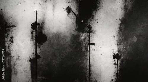 Vintage grunge monochrome background. Rough painted wall of black and white color. Imperfect plane of grayscale grungy. Uneven old decorative backdrop. Texture of black-white.