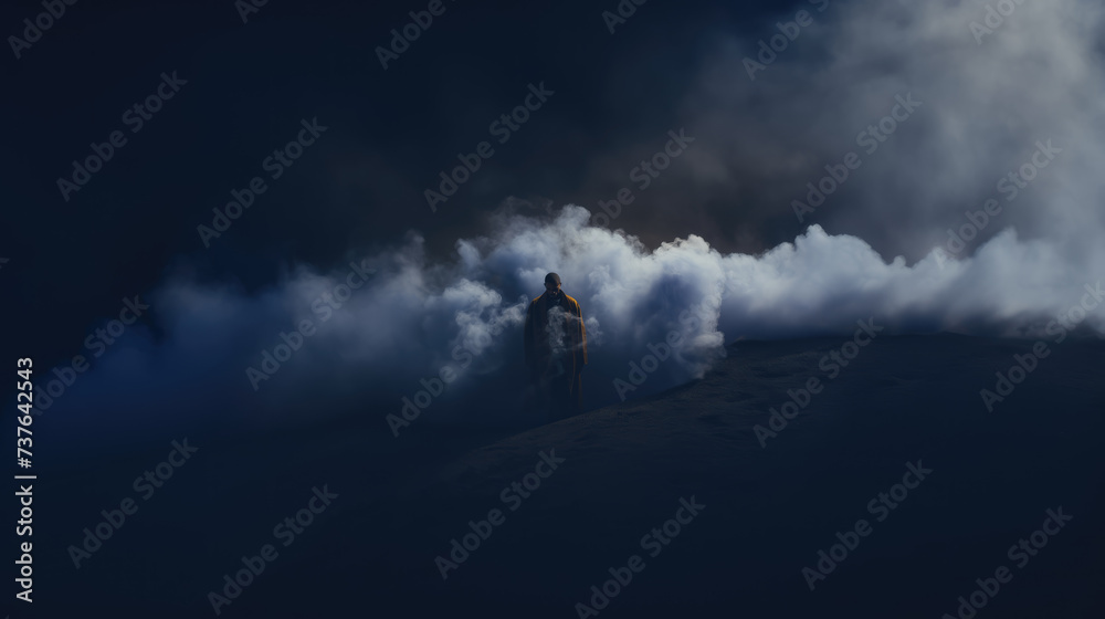 Cinematic appearance of a man among colored clouds. Mysterious person among smoke bombs Cinematic appearance of a man among colored clouds. Mysterious person among smoke bombs