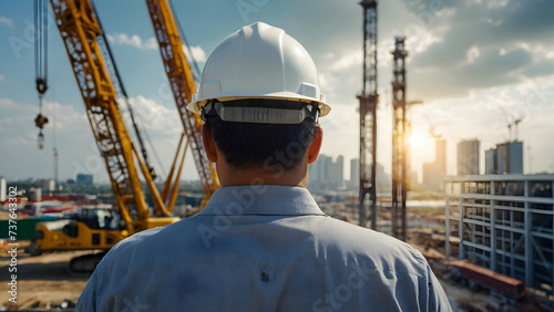 Portrait of engineer looking a building site and safety helmed,industry background construstion engineer concept.