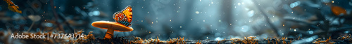 panorama of mushrooms with butterflies on forest landscape background for web banner