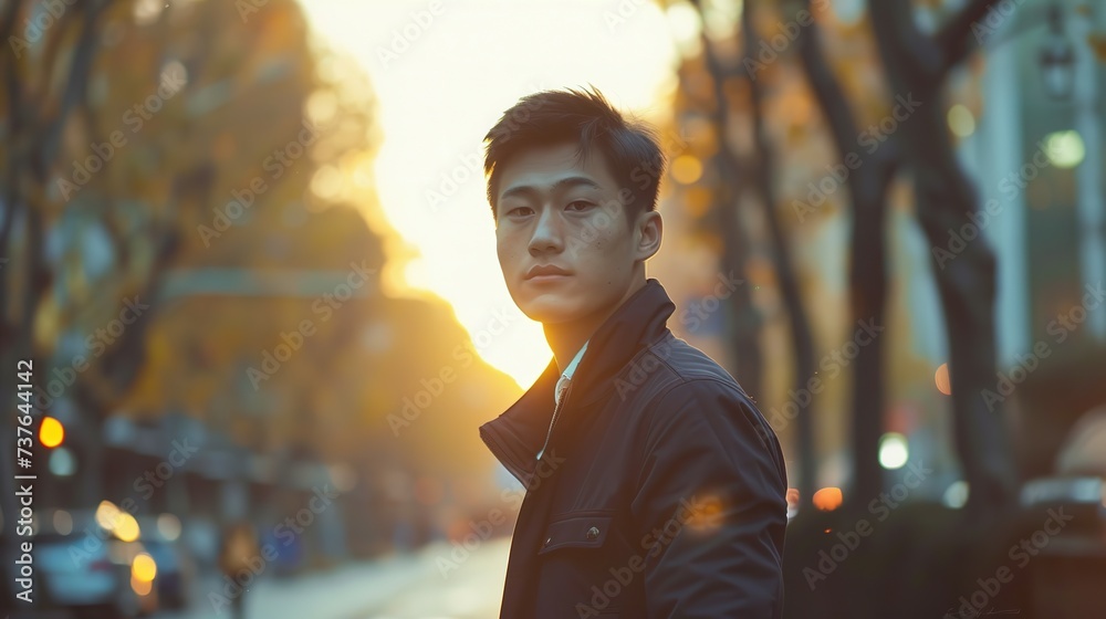 Fototapeta premium Portrait of a young Asian man in an urban setting at dusk