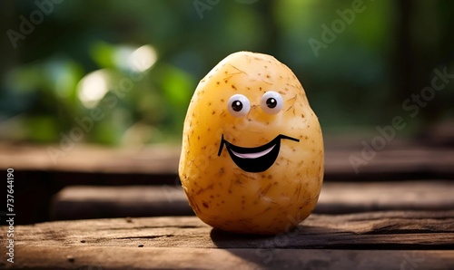 close up photo funny potato with face sticker isolated blue backround