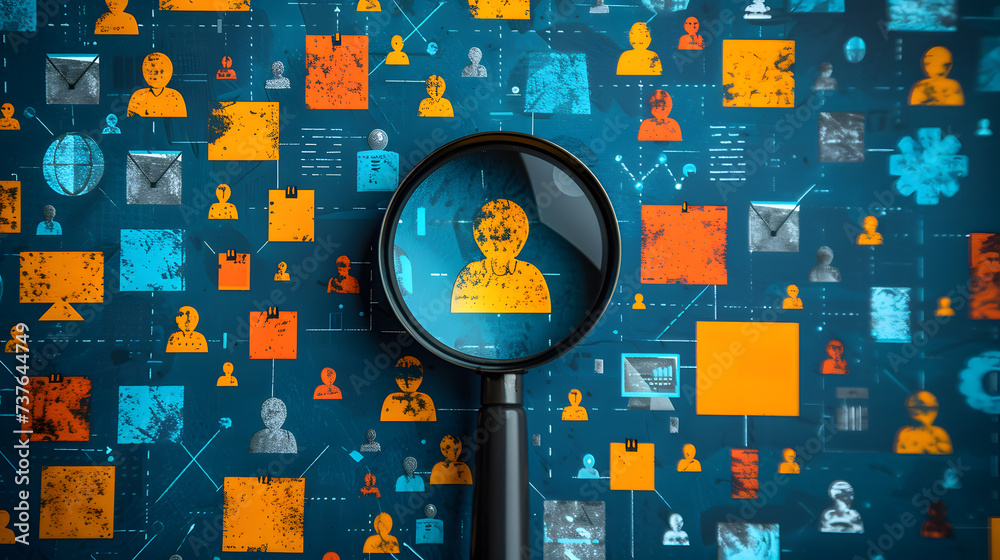 © somchairakin - HRM or Human Resource Management, Magnifier glass focus to manager icon which is among staff icons for human development recruitment leadership and customer target group concept. AI