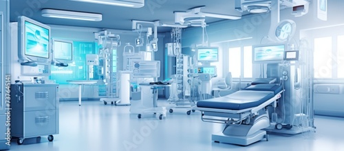hospital equipment and empty emergency room beds in hospitals. photo